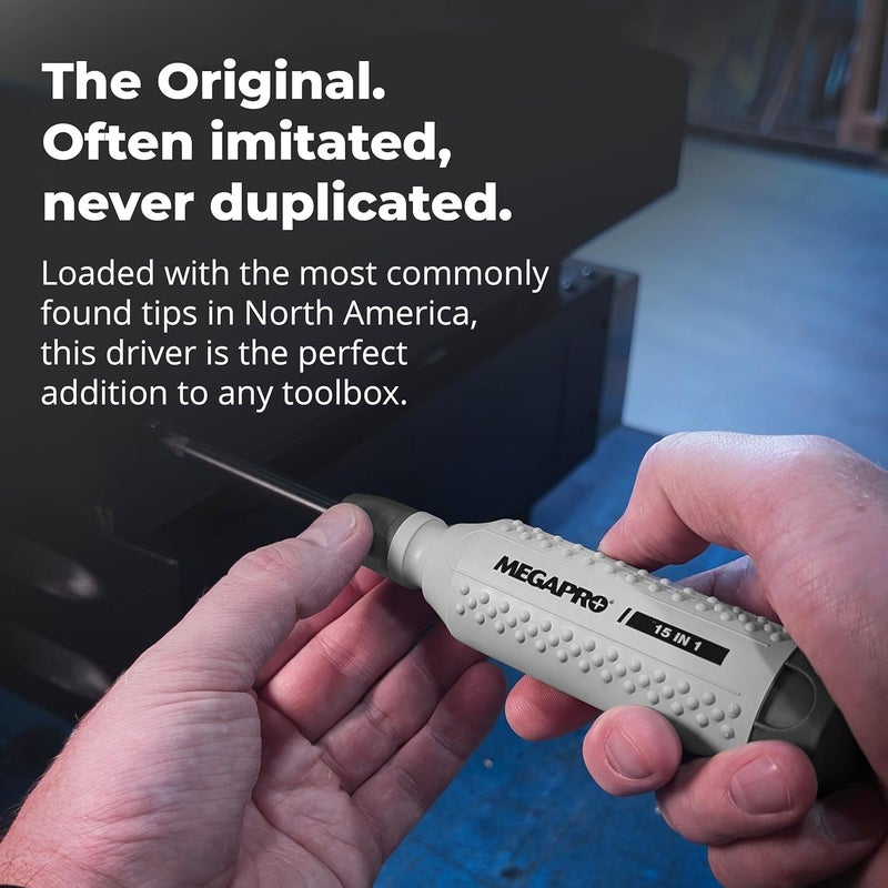 Megapro ® 15-in-1 Original Multi-bit Screwdriver | Home DIY & Repair | Construction | Tradeswork | 14 Industrial-grade bit tips | 1/4" Hex Drive in shaft (Original NAS Light Grey/Charcoal) - Image 4